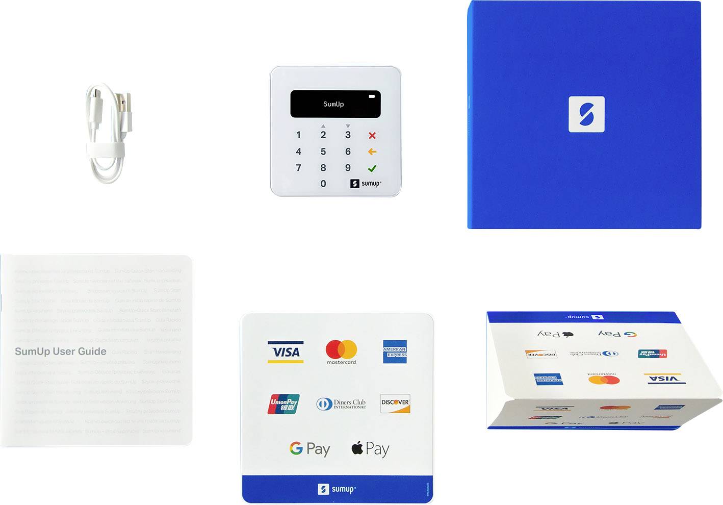 Kartenlesegerät von SumUp mit blauem Karton, Benutzerhandbuch, USB-Kabel und Akzeptanzaufkleber für verschiedene Zahlungsmethoden.