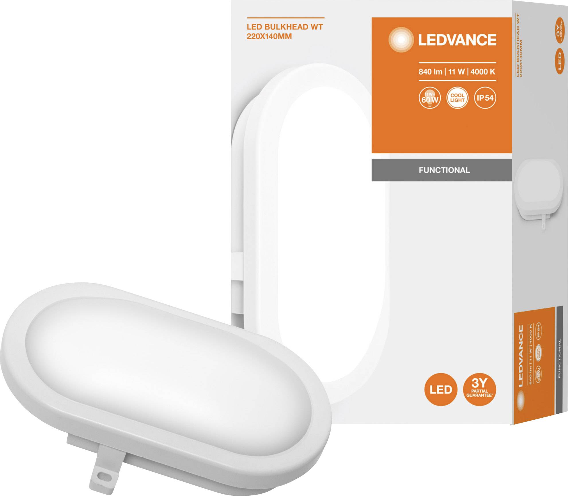 LED-Aufbauleuchte und Verpackung von LEDVANCE. Modell: LED Bulkhead WT 220x140mm, 840 lm, 11 W, 4000 K, IP54, 3 Jahre Garantie.