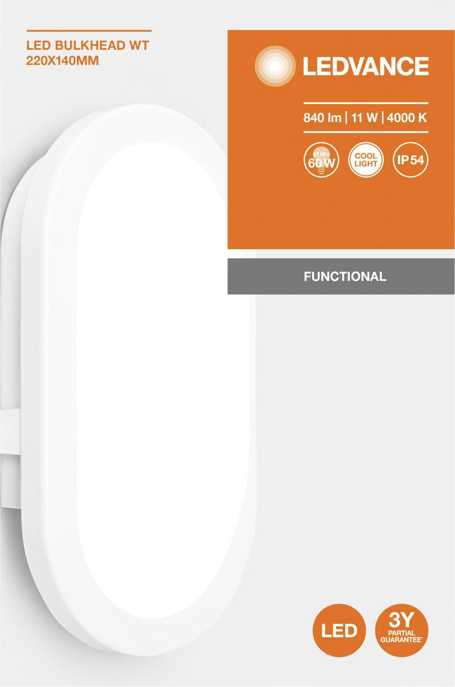 LED-Leuchte, oval, 220x140mm, 11 W, 840 Lumen, 4000 K. Schlagfest, spritzwassergeschützt (IP54). Markenname: Ledvance.
