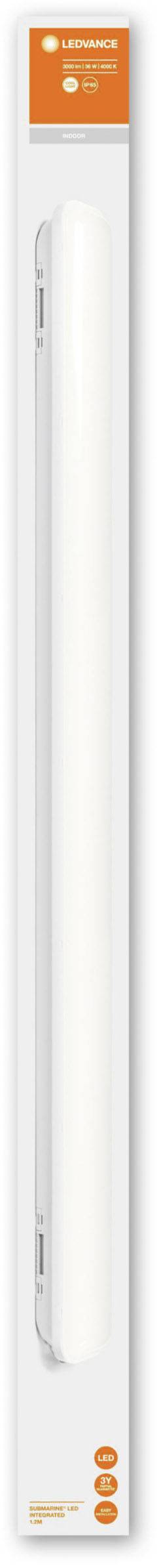 Eine lange weiße LED-Lampe in einer transparenten Verpackung mit orangefarbenem Etikett, das die Marke 'Livarnolux' zeigt.