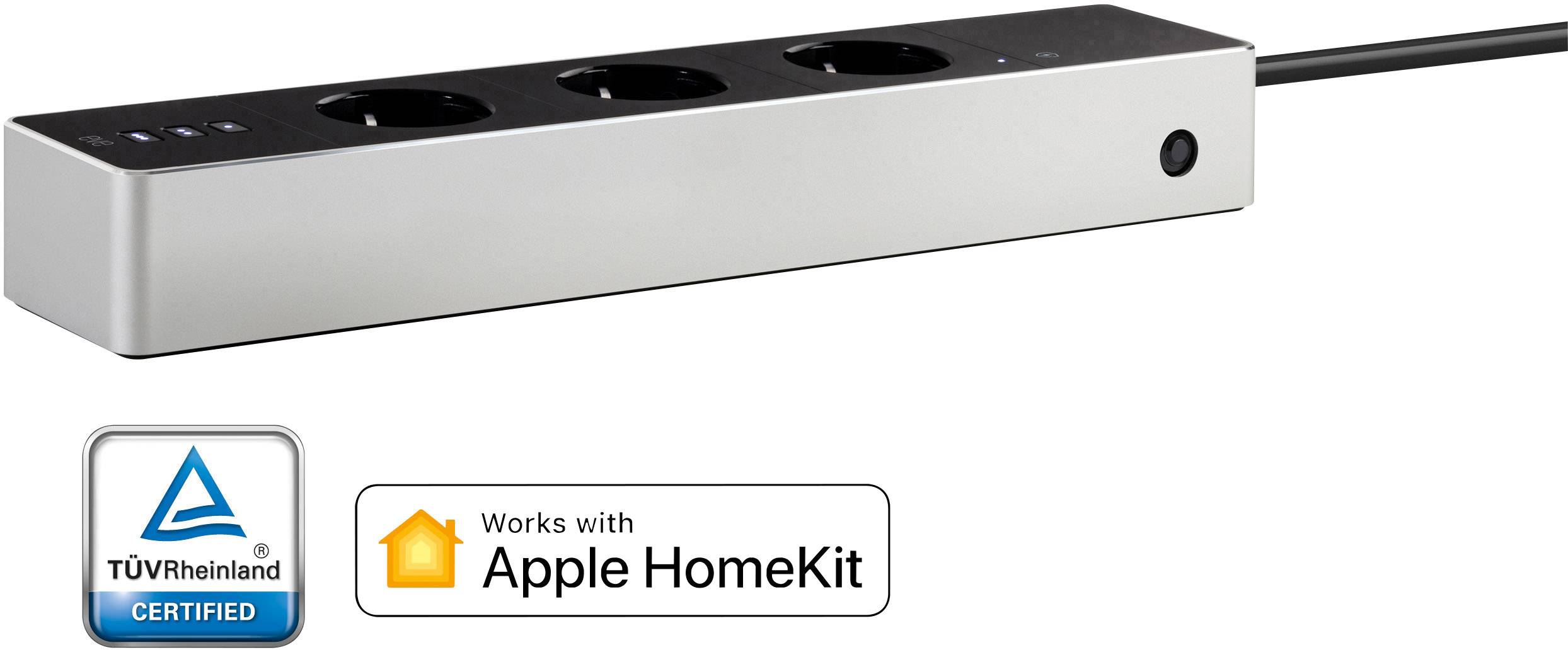 Eine silberne Steckdosenleiste mit Tasten, zertifiziert von TÜV Rheinland, kompatibel mit Apple HomeKit.