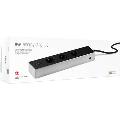 Weiße Verpackung mit einem schwarzen, dreifachen Steckdosenleiste 'Eve Energy Strip' und Text in mehreren Sprachen. Gewinner eines 'red dot award 2019'.