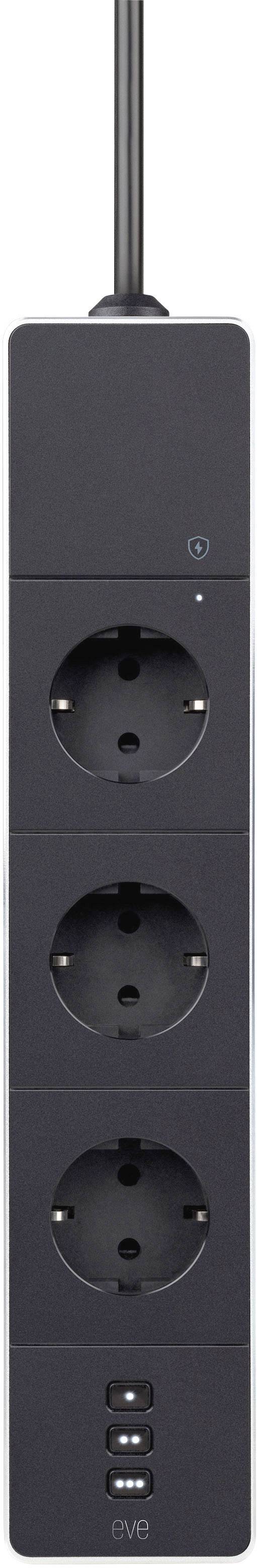 Eine schwarze Mehrfachsteckdosenleiste mit drei Steckplätzen und zwei USB-Anschlüssen, geeignet für elektrische Geräte und USB-Laden.