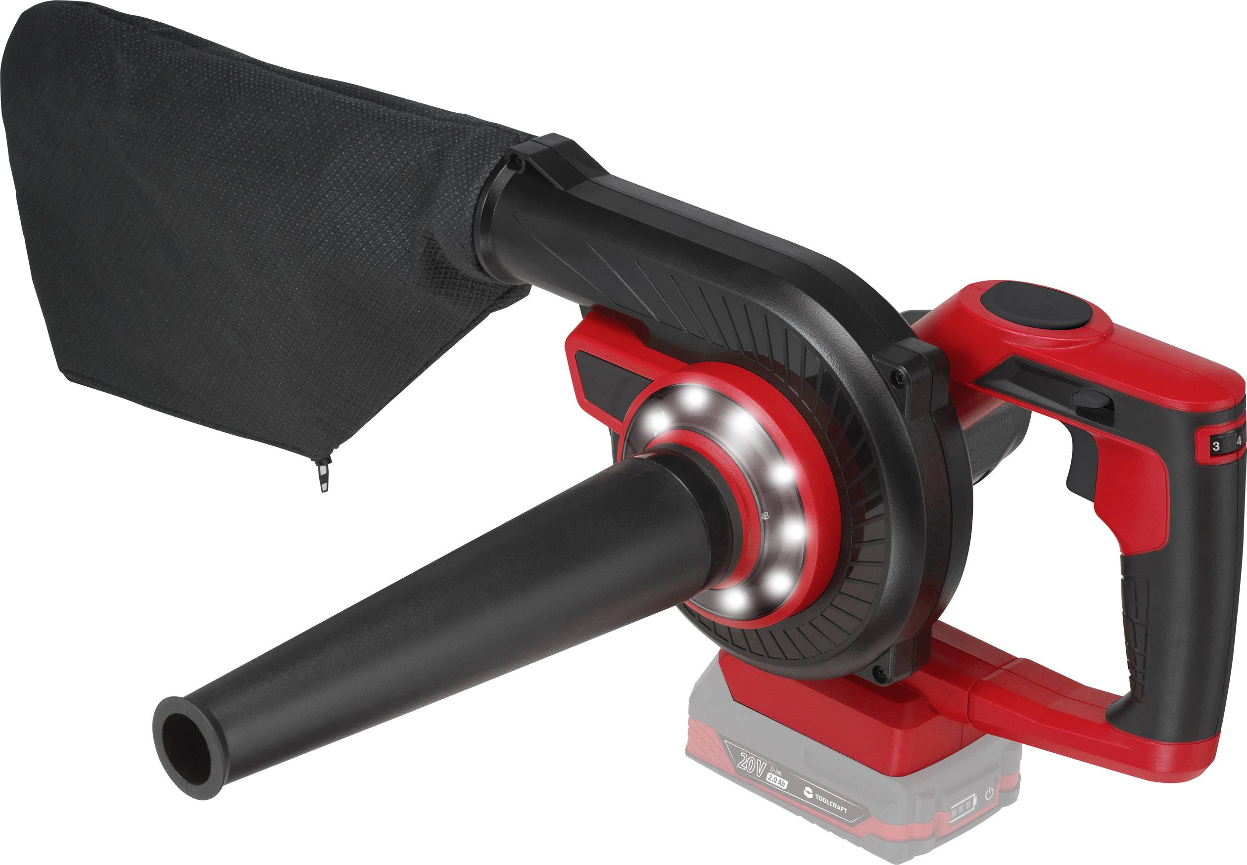 Handgeführter, akkubetriebener Laubbläser mit rotem Gehäuse und schwarzem Griff, ausgestattet mit einem Auffangsack.