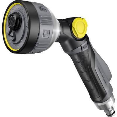 Bewässerungsdüse mit ergonomischem Griff, gelbem Regler, geeignet für verschiedene Sprühmodi. Ideal für Gartenbewässerung.