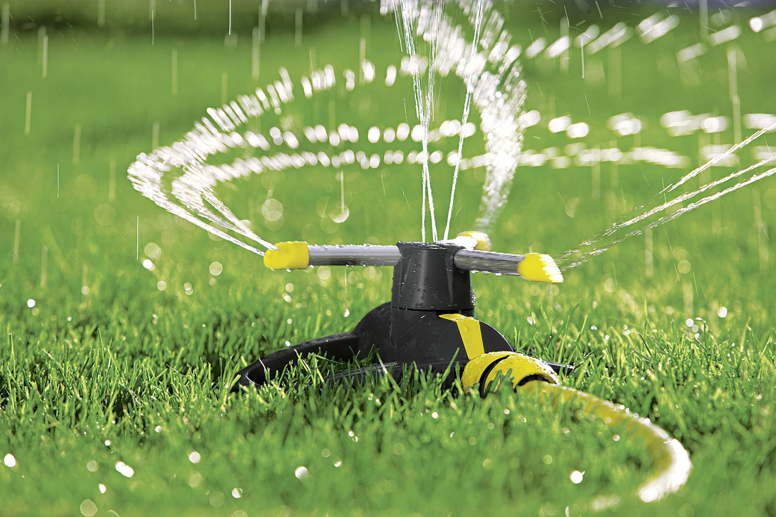 Ein Rasensprinkler bewässert den grünen Rasen mit einem rotierenden Wasserstrahl unter sonnigen Bedingungen.