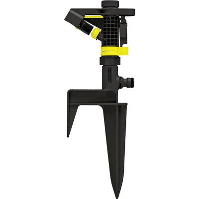 Ein schwarzer Gartensprinkler mit gelben Akzenten und Erdspieß, geeignet für Bewässerung im Garten oder auf dem Rasen.