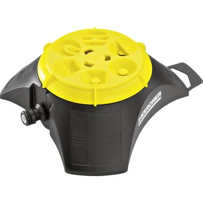 Runder, gelb-schwarzer Rasensprinkler von Kärcher mit mehreren Düsen. Einfacher Anschluss für Gartenschläuche, robustes Design.