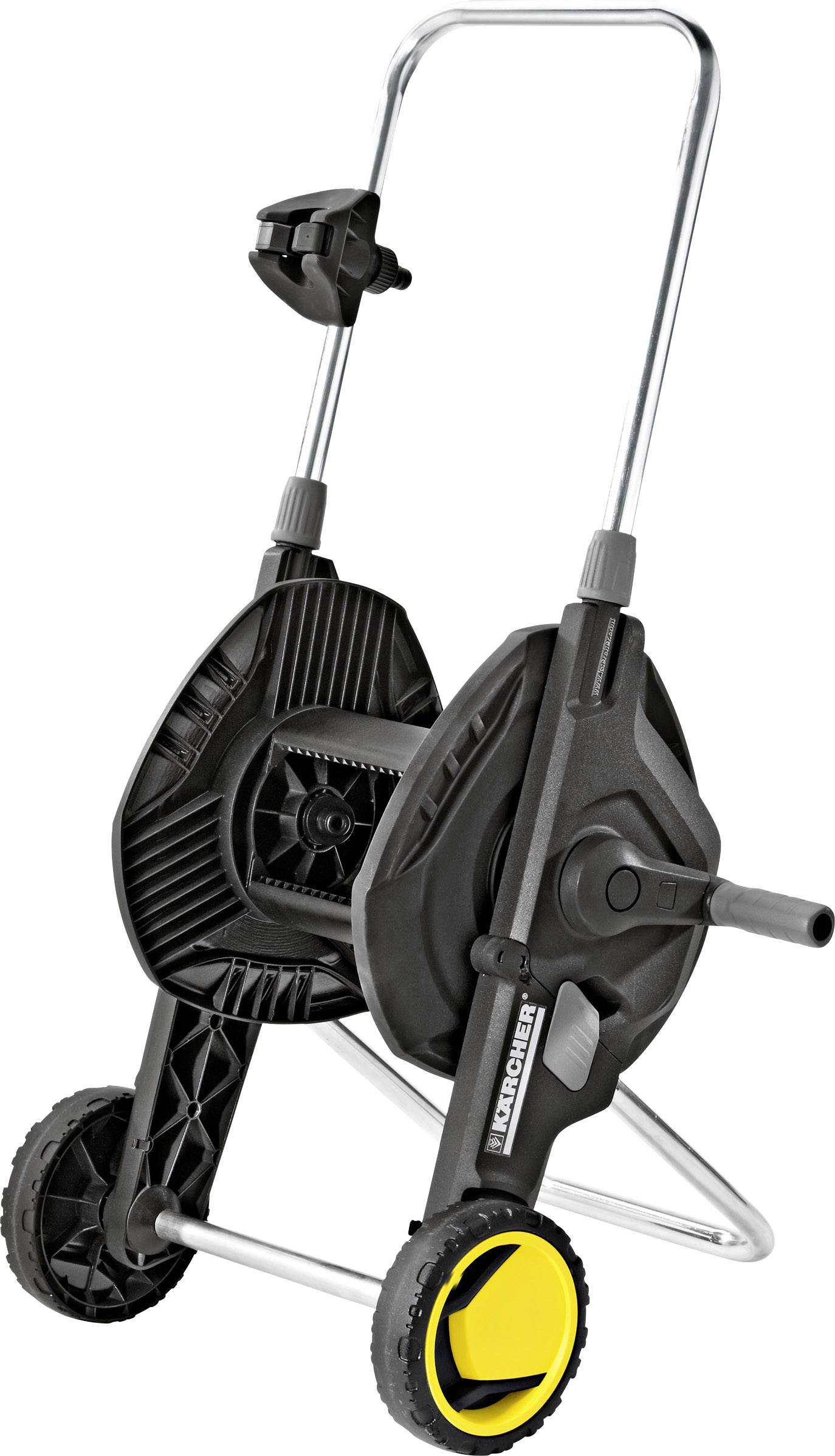 Eine schwarze Schlauchtrommel auf Rädern mit einem gelben Akzent, geeignet für die Aufbewahrung und den Transport von Gartenschläuchen.