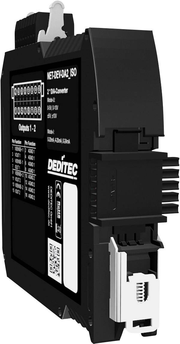 Ein schwarzes elektronisches Gerät an einer Schiene montiert, mit Aufschrift 'DEDITECH NET-DEVO' und mehreren Anschlüssen vorne.