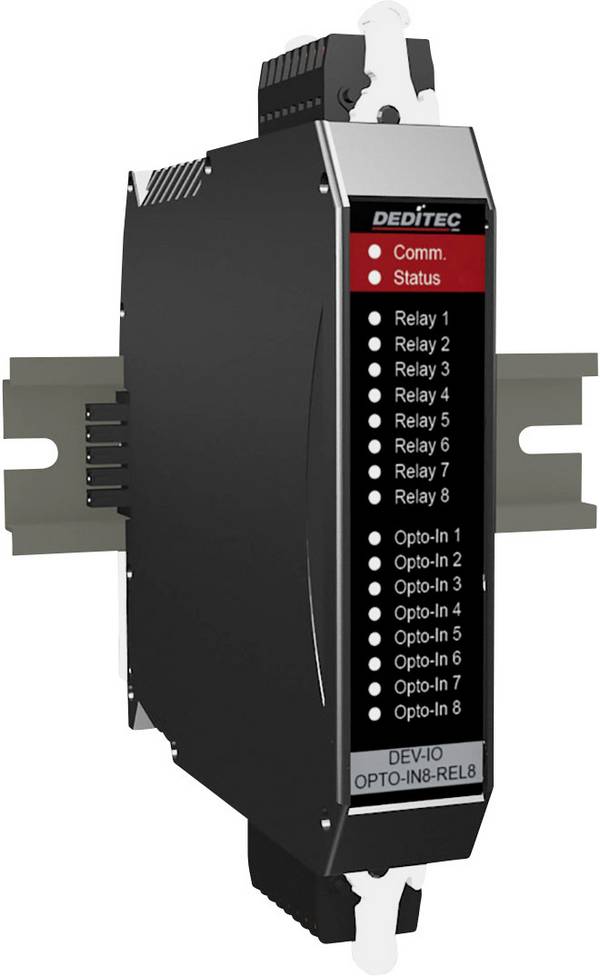 Deditec NET-DEV-OPT-IN8-REL8 NET-DEV-OPT-IN8-REL8 I/O-Modul Anzahl digitale Ausgänge: 8 Anzahl digitale Eingänge: 8 Anzahl Relais-Ausgänge: 8 Anzahl analoge Eingänge: 0