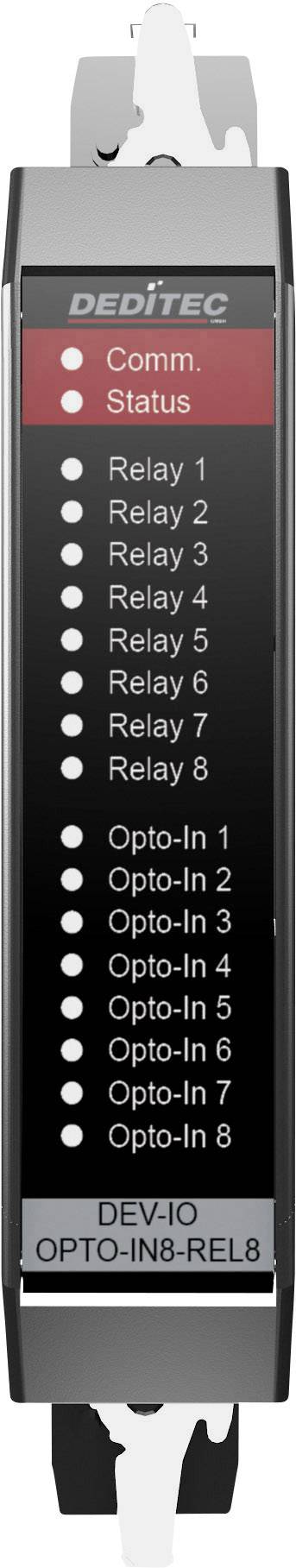 Gehäuse mit Statusanzeige-LEDs für Kommunikation und Relais- bzw. Opto-Ein-/Ausgänge, versehen mit den Markierungen 'DEDITEK DEV-IO OPTO-IN8-REL8'.