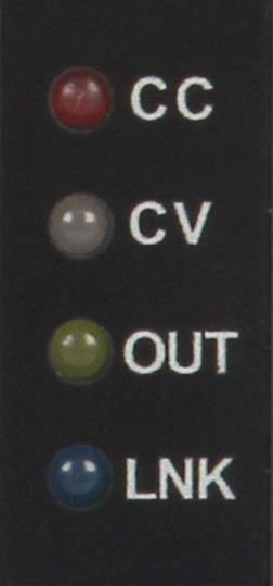 Vier farbige Kontrollleuchten auf einer vertikalen Anzeigetafel, beschriftet mit 'CC', 'CV', 'OUT' und 'LNK'.