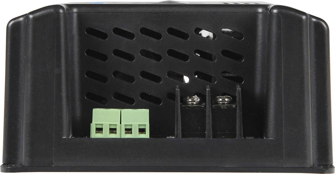 Schwarzes elektronisches Gerät mit Lüftungsschlitzen. Zwei grüne Steckanschlüsse und zwei Schraubklemmen sind vorne sichtbar.