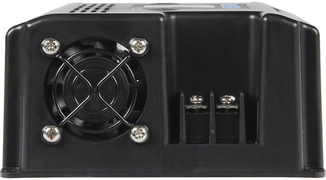 'Schwarzes elektrisches Gerät mit Lüfter und zwei stromführenden Anschlusspunkten.'