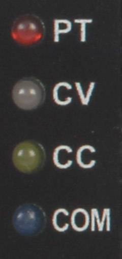 Vier farbige Kontrollleuchten: Rot mit 'PT', Grau mit 'CV', Grün mit 'CC' und Blau mit 'COM'.
