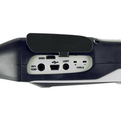 Nahaufnahme eines Geräts mit Anschlüssen: Wind, RH%/Temp, micro-USB, Light (+/-), Typ K.