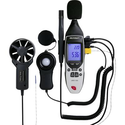 Ein Multifunktionsmessgerät zur Messung von Schallpegel, Temperatur, Luftfeuchtigkeit und Windgeschwindigkeit, mit mehreren Sonden.