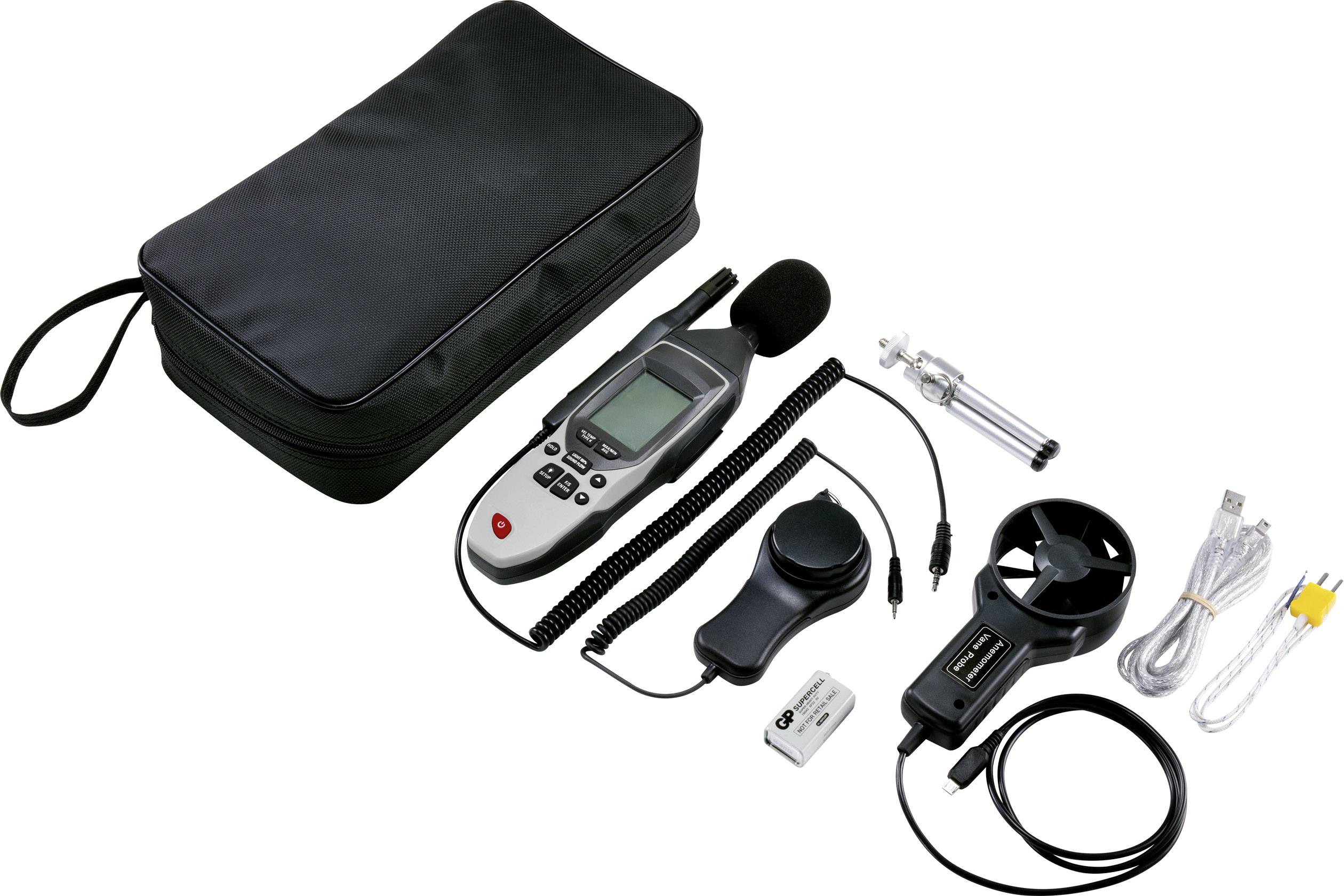 Messkit mit verschiedenen elektronischen Geräten, darunter ein Digitalmultimeter, Mikrofon, Kabel, Batterie und Tragetasche.