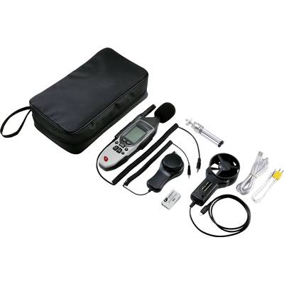 Messkit mit verschiedenen elektronischen Geräten, darunter ein Digitalmultimeter, Mikrofon, Kabel, Batterie und Tragetasche.