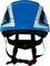 Blauer Schutzhelm mit schwarzen Gurten und silbernen Streifen, frontal abgebildet. Helm bietet Schutz für Kopf und Gesicht.
