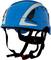 Ein blauer Schutzhelm mit schwarzen und weißen Akzenten sowie einem verstellbaren Kinnriemen.