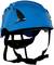Blauer Schutzhelm mit verstellbarem Kinnriemen und Belüftungsschlitzen, geeignet für Bau- oder Sicherheitsarbeiten.