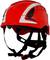 Roter Schutzhelm mit schwarzem Kinnriemen und reflektierenden Elementen, geeignet für Sicherheitsarbeiten oder Outdoor-Aktivitäten.