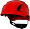 Roter Schutzhelm mit integriertem Visier und Kinnschutz, seitlich abgebildet.