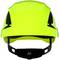 Leuchtend gelber Schutzhelm mit schwarzem Visier, frontal gesehen, für Sicherheit am Arbeitsplatz, z.B. in der Bauindustrie.