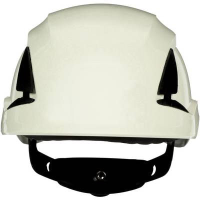 Ein weißer Schutzhelm mit schwarzem Kinnschutz und Belüftungsöffnungen, frontal abgebildet, auf weißem Hintergrund.