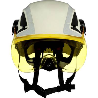 Schutzhelm mit gelbem Visier und schwarzem Kinnriemen, zeigt Funktionen für Kopf- und Gesichtsschutz bei handwerklichen Tätigkeiten.