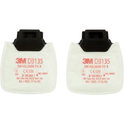 Zwei weiße 3M D3135 P3 R Filter mit rotem Aufdruck und schwarzem Kunststoffteil oben. Geeignet für Atemschutzmasken in staubreichen Umgebungen.