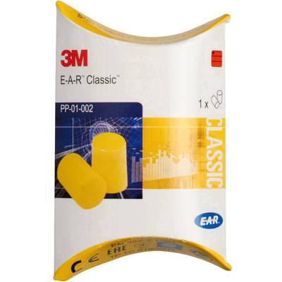 Ohrstöpsel-Verpackung von 3M, gelb, Modell E-A-R Classic. Verpackung zeigt Ohrstöpsel-Abbildung und grundlegende Produktinformationen.