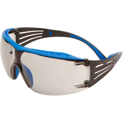 Schutzbrille mit schwarzen Rahmen und blauen Akzenten. Clear Gläser bieten Schutz in Arbeitsumgebungen.