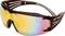 Sonnenbrille mit breitem, mehrfarbigem Spiegelglas und schwarzem Rahmen, geeignet für Sportarten mit hoher Lichtintensität.