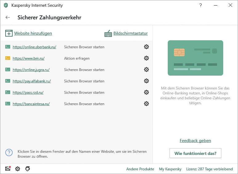 Sicherer Zahlungsverkehrs-Bildschirm von Kaspersky Internet Security mit Links zu verschiedenen Banken und Optionen zum sicheren Browserstart.
