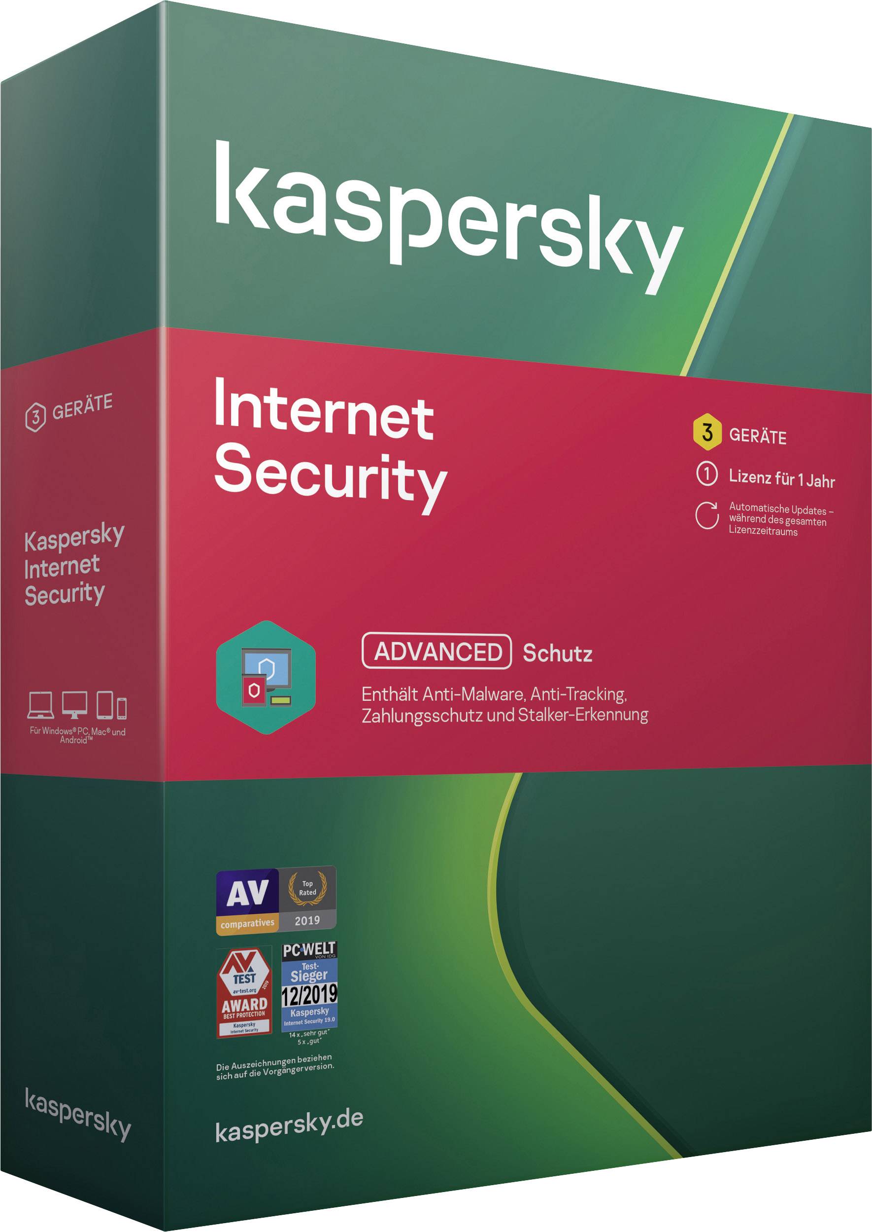 Verpackung der 'Kaspersky Internet Security' Software. Schützt bis zu 3 Geräte, mit Anti-Malware und weiteren Sicherheitsfunktionen.