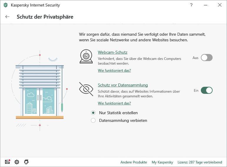 Fenster mit Optionen für 'Webcam-Schutz' und 'Schutz vor Datensammlung', beide aktivierbar. Text erklärt Datenschutzfunktionen.