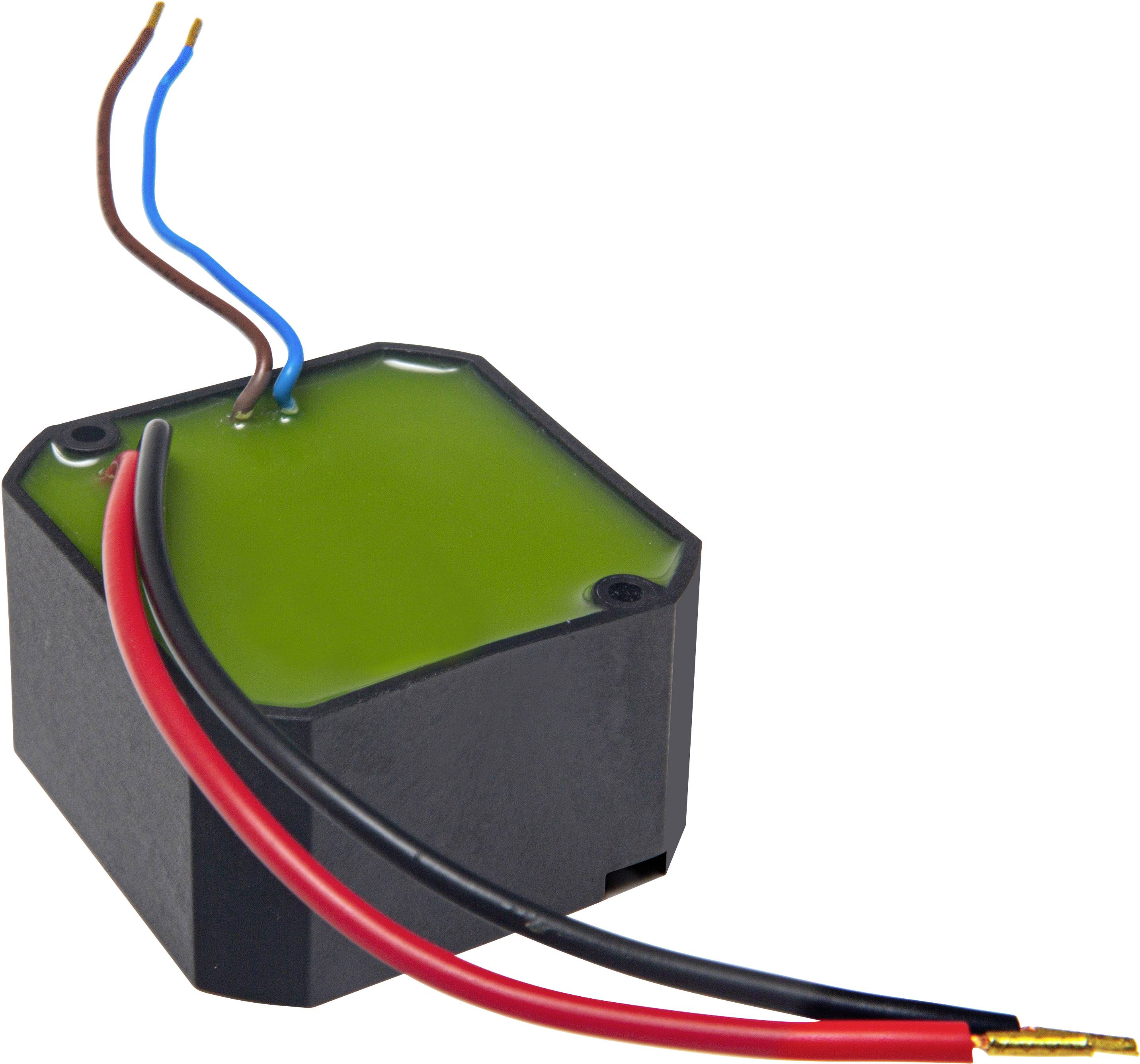 Ein schwarzes, sechseckiges elektronisches Bauteil mit vier herausschauenden Kabeln in Rot, Schwarz, Blau und Braun.