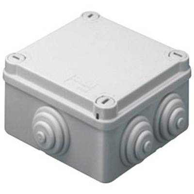 Weiße, quadratische Verteilerbox mit abgerundeten Ecken und Kabeleingängen an den Seiten.