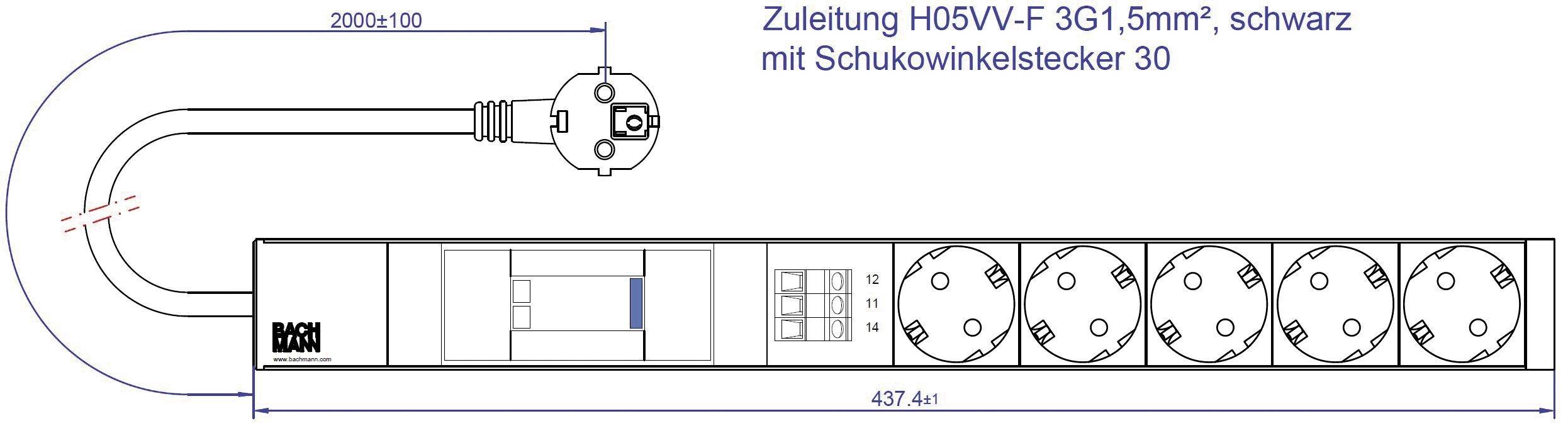 'Darstellung einer schwarzen Steckdosenleiste mit fünf Anschlüssen, Schukowinkelstecker, Länge 2 Meter, Modell H05VV-F 3G1,5mm².'