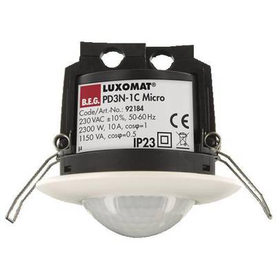 Deckensensor LUXOMAT PD3N-1C Micro mit schwarzem Gehäuse und weißer Kuppel. Informationen zu Spannung, Stromstärke und Schutzart sind aufgedruckt.