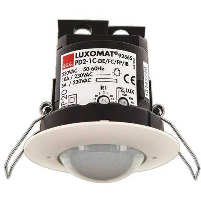 'B.E.G. Luxomat 92565' Präsenzmelder, IP20, 230VAC, 50-60Hz, max. 10A, Einbauversion mit Lichtsensor und Metallklammern.