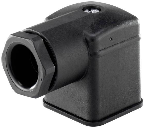 Schwarzer Kunststoffstecker mit sechseckiger Verschraubung und seitlichem Kabelabgang, typischerweise für industrielle Anwendungen.