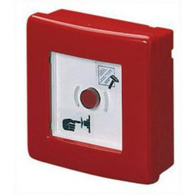 Roter Feuermeldetaster mit Glasscheibe 'Drücken im Notfall'. Symbol: Hammer zur Glasbrechung. Verwendet zur Brandalarmierung.