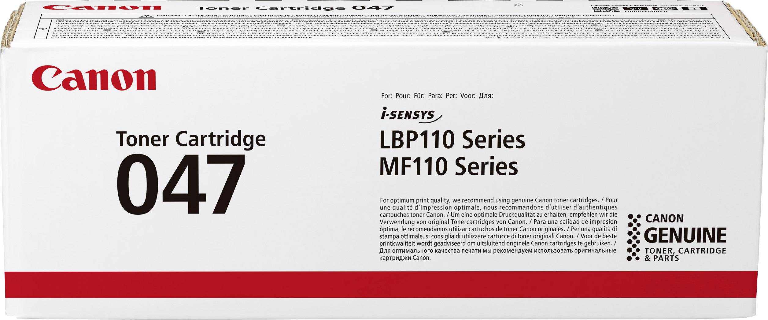 Canon Toner Cartridge 047, kompatibel mit Druckerserien LBP110 und MF110. Verpackung betont Originalität und Qualität.