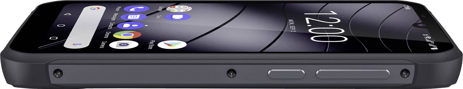 Smartphone in Schwarz mit robustem Design, seitliche Ansicht. Zwei Tasten und der Bildschirm zeigt die Uhrzeit '12:00'.