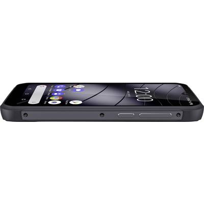 Smartphone in Schwarz mit robustem Design, seitliche Ansicht. Zwei Tasten und der Bildschirm zeigt die Uhrzeit '12:00'.