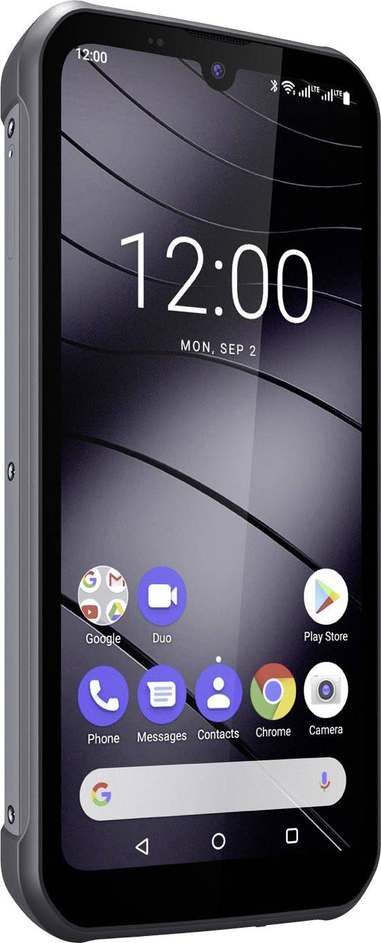 Ein robustes Smartphone mit einem schwarzen Gehäuse und einem aktiven Display, das Datum und Uhrzeit (12:00, Montag, 2. September) anzeigt.